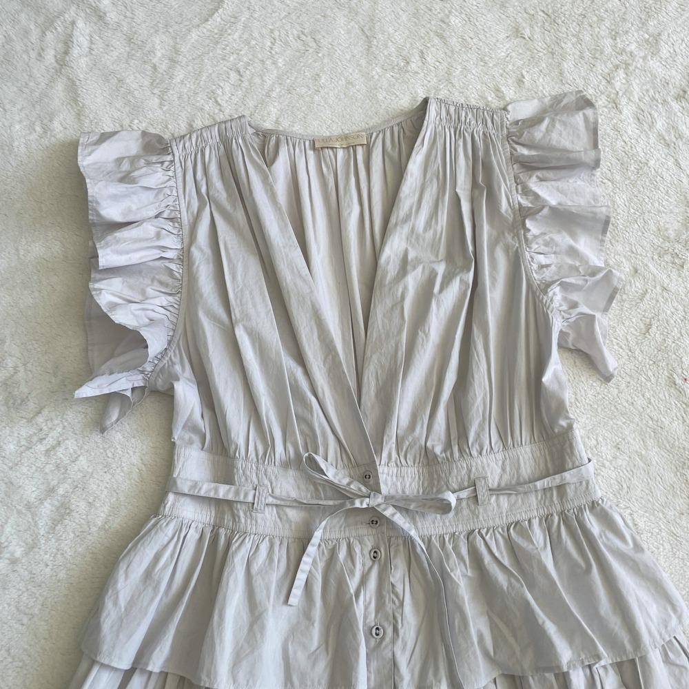 Ulla Johnson Sena Tiered Flutter-Sleeve Ruffle Dress in Dove Light Gray Size 10 - Picture 3 of 13